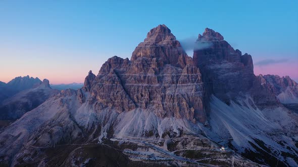 Aerial view of the mountains at sunset, Dolomites. Italy