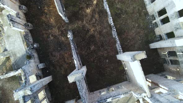 Natural Disaster Destroyed and Abandoned Building Ruins, Aerial Top View alt