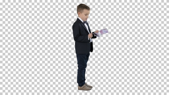 Little boy in black suit counts money, Alpha Channel alt