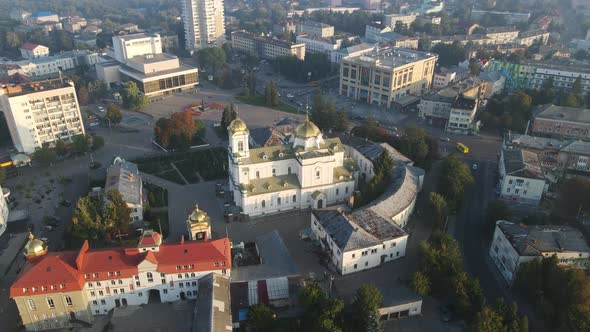 Aerial Shot The City Luck. Summer Morning Central Cathedral. Ukraine alt
