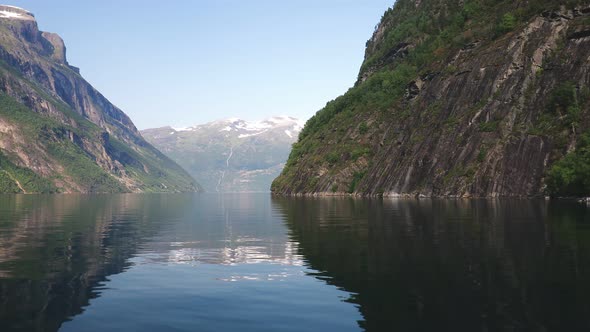 Panoramic drone landscape of Geiranger fjords, Geirangerfjord, Norway alt