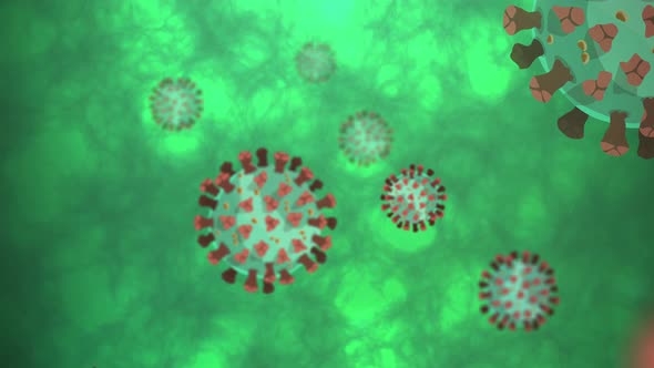 Close up of Coronavirus or COVID-19 particles moving in green mucus background