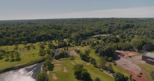 Aerial Pan Around of a Golf Course and Beach Shores in Glen Cove Long Island alt
