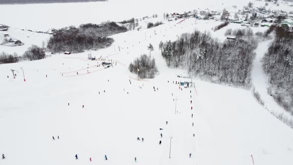 Panoramic Top View From Drone on Cable Way in Ski Resort