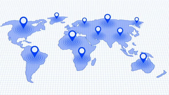 Blue Color World Map GPS Location Tracking Animated On White Background alt