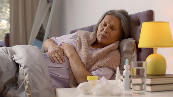 Sick Senior Woman with Upset Stomach Lying in Bed at Home alt