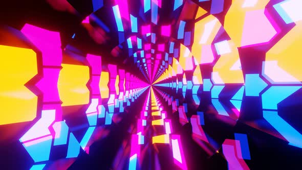 Abstract Render Tunnel of Neon Color Rotating Polygons on Black Background