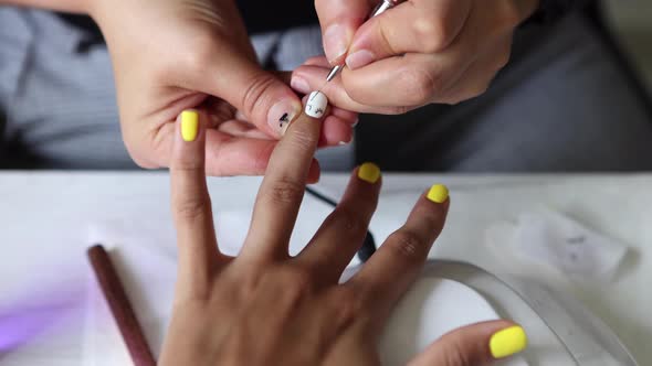 Anonymous beautician applying lacquer on female client nails alt