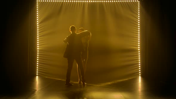 Concept of Social Dance and Relationships. Silhouette of Young Beautiful Couple Dancing Sensual alt