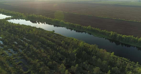 Bog Landscape with Lakes and Peat Harvesting Production Field Aerial View alt