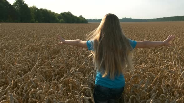 Little girl running cross the wheat field at sunset.Slow motion. The concept of a happy family.