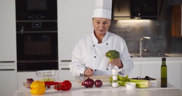 Female Chef Making Salad in Kitchen While Recording Video for Online Video Channel alt