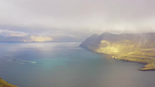 Drone Shot Over Mountains And Fjord Of Funningur alt