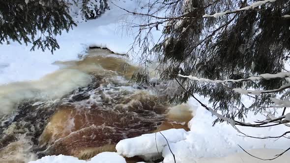 Live Waterfall in Winter in the Snow