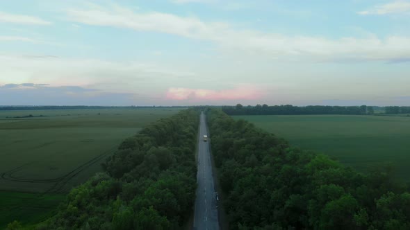 Top View on Driving Truck through Green Field