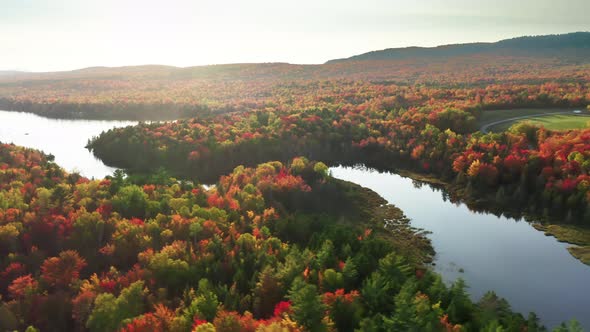 Fall Colors Forest Waterfront at Sunrise or Sunset Sun Light Reflection in Lake alt
