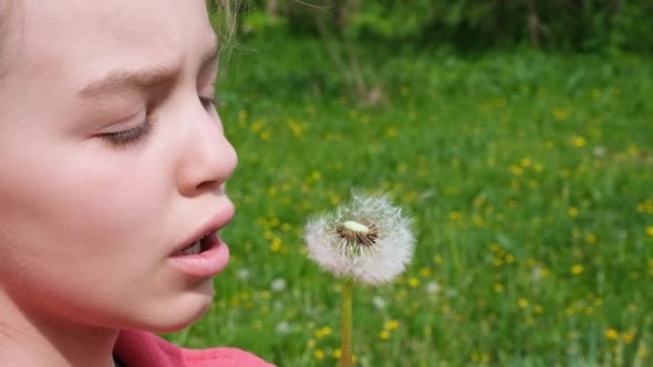 Teen Girl Child Holds and Blows on a Dandelion