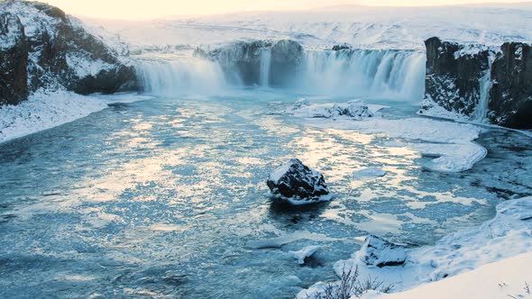 Godafoss Famous Waterfall in Iceland Frozen Waterfall in Winter a ...