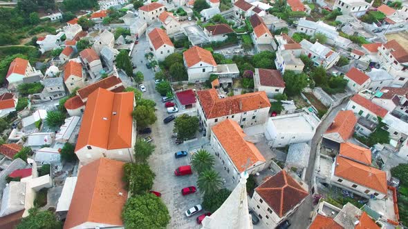 Birds eye view of St, Nicholas Church and the surrounding buildings in Selca Croatia alt