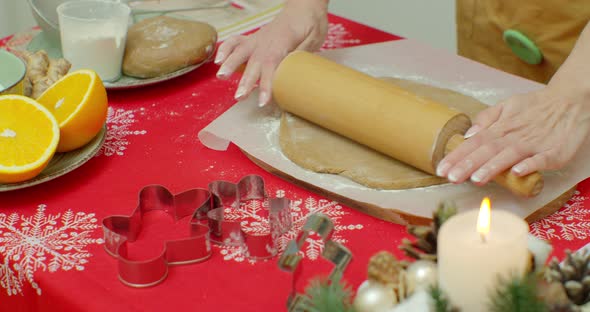 Flat Lay. Step By Step. Rolling Out Gingerbread Cookie Dough To Bake Christmas Cookies. alt