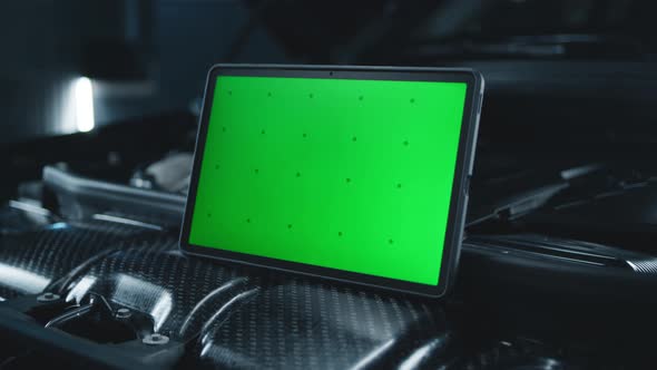 Tablet on the Opened Bonnet of the Car alt