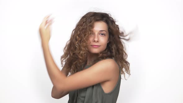 Attractive Adorable Woman Playing Touching Her Nice Hair Admiring Herself Isolated Over White alt