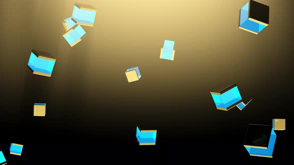 The movement or flight of rotating, glowing cubes in space.