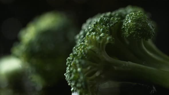 Broccoli falling on water surface. Slow Motion. alt