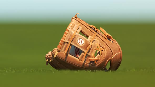 Vintage leather baseball glove with a ball lying down on a fresh stadium grass. alt