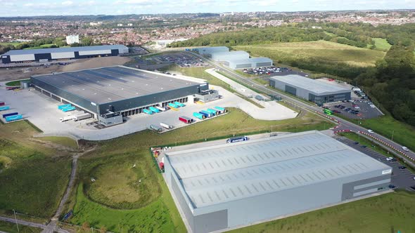 Aerial drone footage of the the Amazon distribution centre in the town of Leeds, West Yorkshire alt