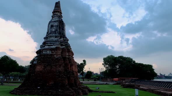 High Water at the River in Ayutthaya Thailand at Wat Chaiwatthanaram During Sunset Monsoon Season alt