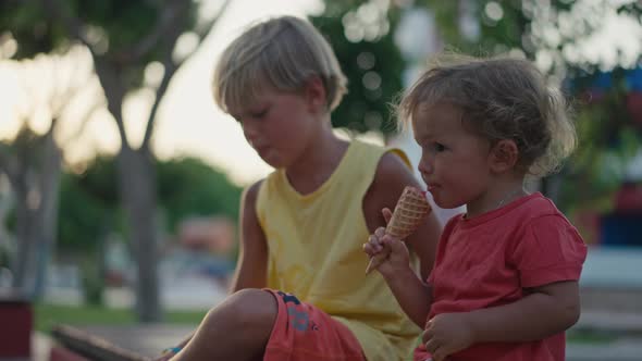 Little Brother Share Ice Cream with Elder Brother at a Park alt