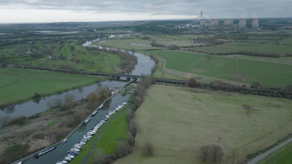River Trent, Ratcliffe Power Station, Nottingham, UK, Train Line, Aerial Landscape, Dull Day, Energy