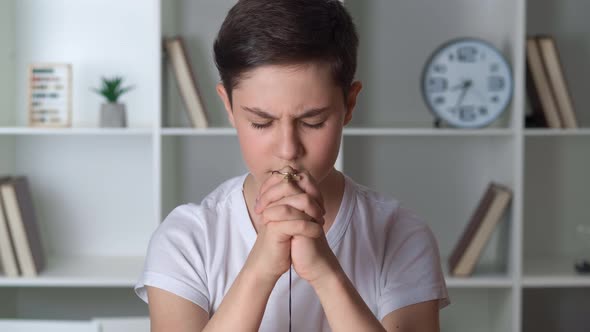 13 Years Old Boy Makes a Wish Prays Religion Concept alt