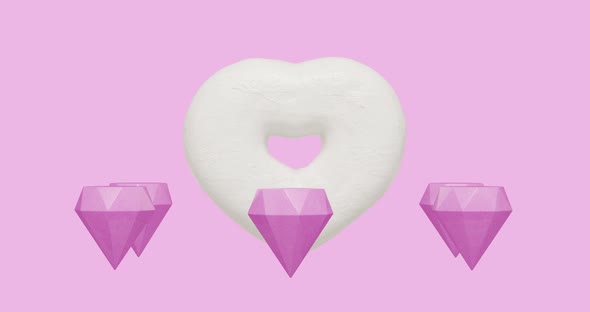 Minimal motion design. 3d creative pink donuts heart and diamonds in pink abstract space.