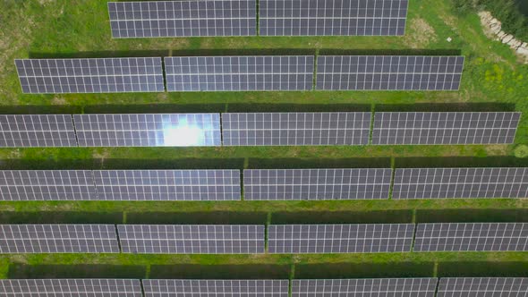 Solar Panels Factory at Sunlight Close-up Aerial View alt