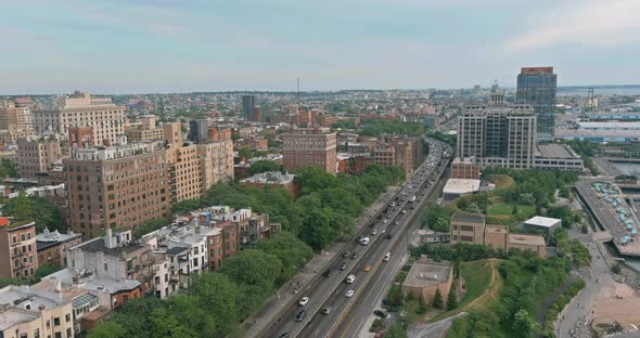 Panoramic View of New York City of Landscape Skyline Buildings in the on a Highway Running Through alt