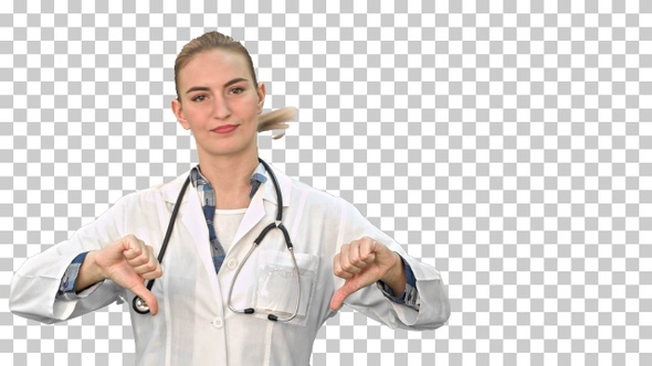 Young female doctor showing thumbs down sign, Alpha Channel