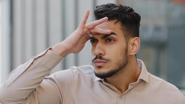 Closeup Male Suspicious Face Portrait Outdoors in City Spy Bearded Guy Funny Man Looking Into alt