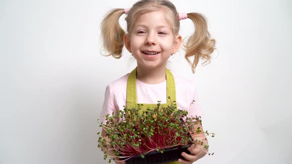 A Small Blonde Girl Smiles and Holds a Seedling of Micro Greens in Her Hands alt