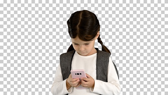 Concentrated School girl with backpack, Alpha Channel alt