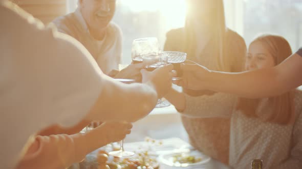 Large Mixed-Age Family Toasting with Drinks at Home Dinner Party alt