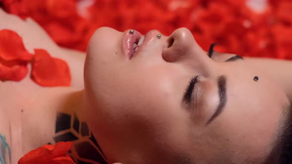  Beautiful Young Girl Lies in Petals Red Roses