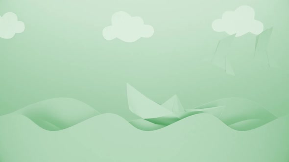 Cartoon Paper Ship And Ocean Green Kids Background