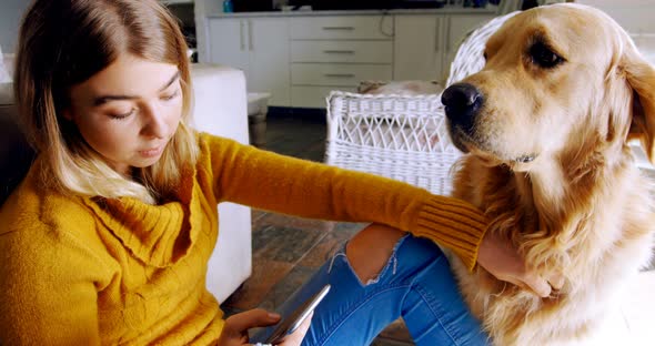 Women using mobile phone with her dog 4k alt