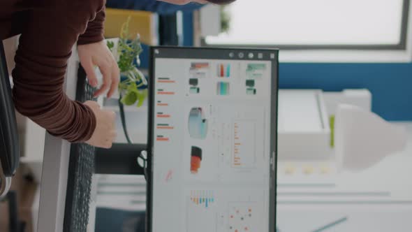 Video Vertical Paralysed Financial Expert Sitting in Wheelchair Analysing Economy Statistics alt