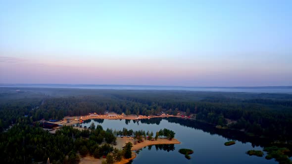 Aerial Video Filming River, Lake, Body Of Water, Beach, Nature Field Sunset Dawn