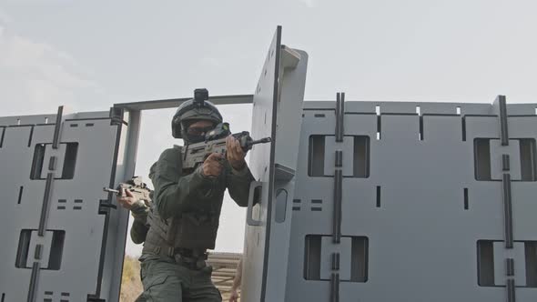 Slow motion of soldiers training in close quarters combat alt