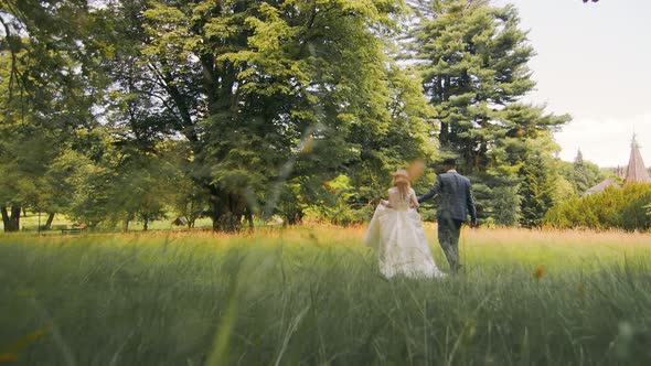 Young Wedding Couple in Love Newlyweds Walking in a Fabulous Sunny Park on a Background of Green alt