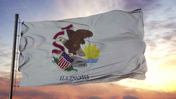 Flag of Illinois Waving in the Wind Against Deep Beautiful Sky at Sunset alt